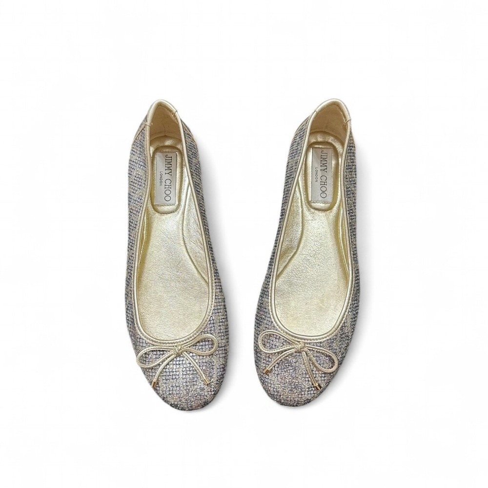Jimmy Choo Leopard Gold Silver Glitter Ballet Bow Flat Two Tone Women's 37 US 7 - Picture 2 of 8